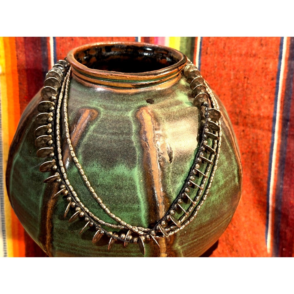 Necklace Southwest Layered Multi Strand Silver Tone Disc and Bugle Beads